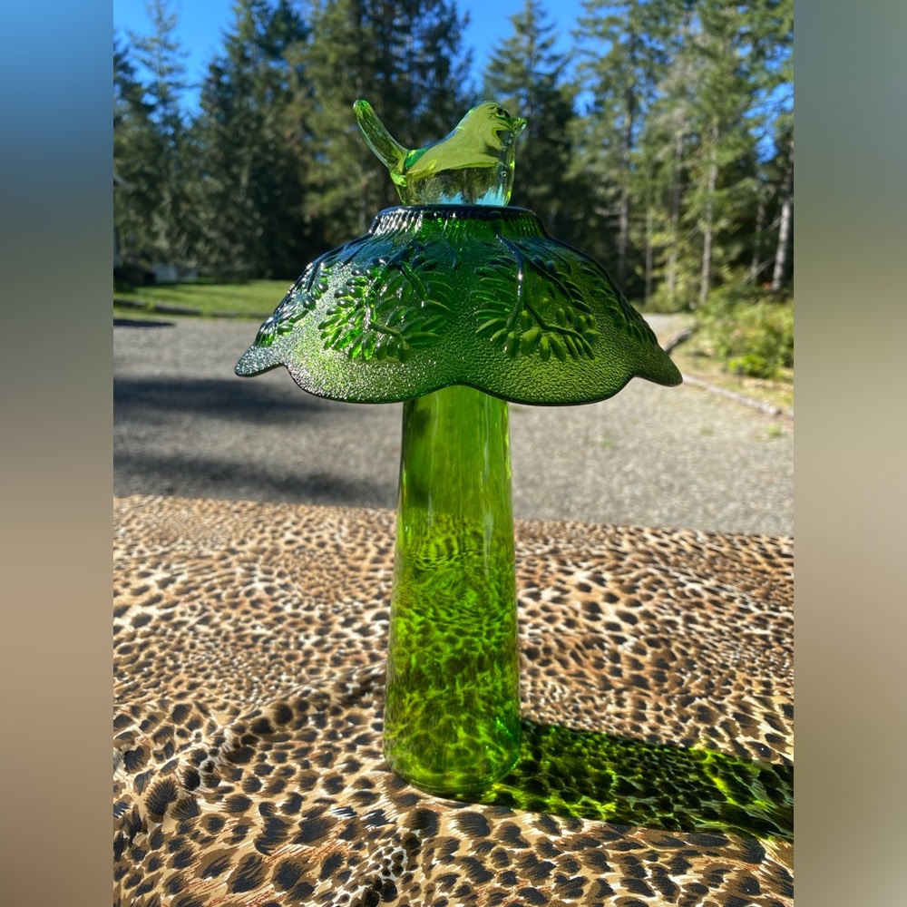 Vintage Green Glass Mushroom Art w/Bird (handmade)